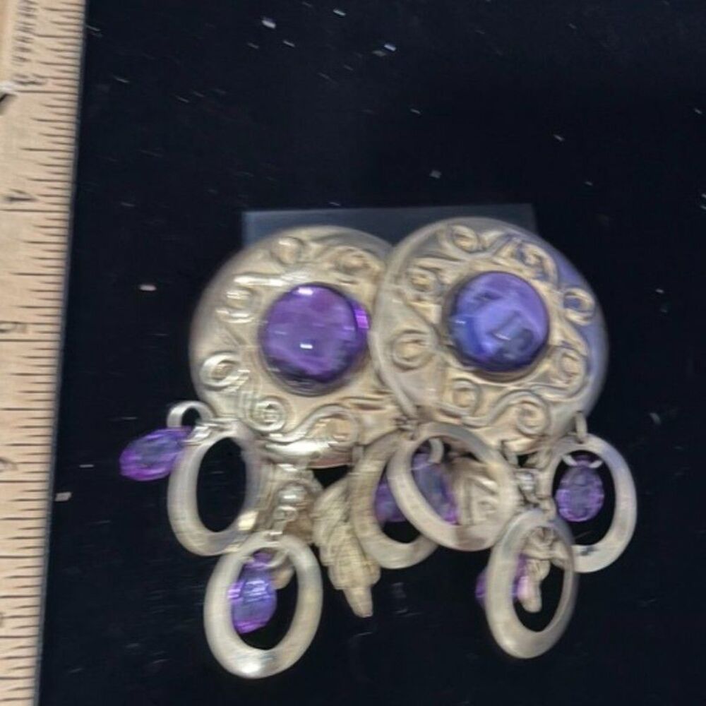 vtg La Contessa Mary MeMarco Ornate purple glass statement earrings